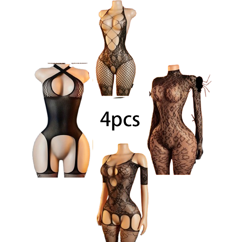 Bodystocking Fishnet - 4-Piece Sexy Lingerie Set: Women's Mesh