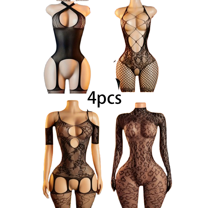 4-Piece Sexy Lingerie Set: Wom - Bodystocking Fishnet ulasan dan harga